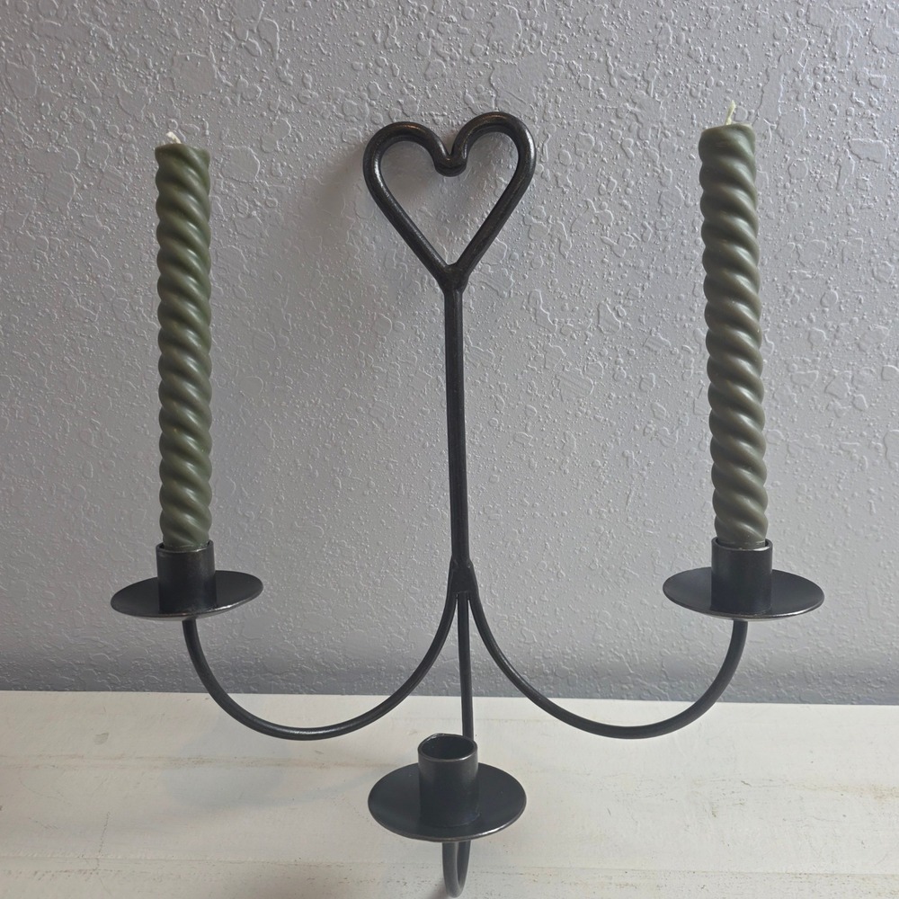 Black Wrought Iron 3 Light Heart Candelabra Taper Candle Holder Rustic Farmhouse